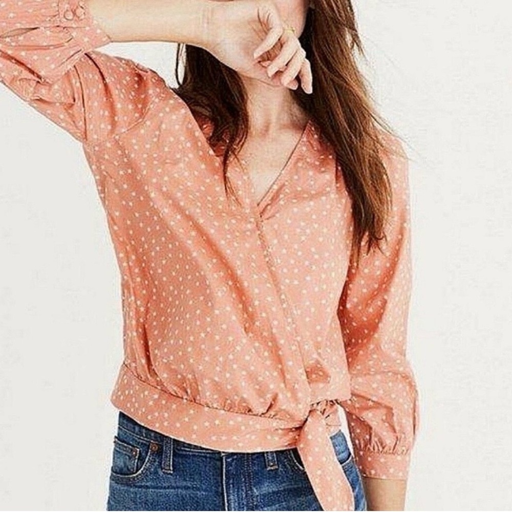 Madewell Peach Star Print Wrap Top XL 100% Cotton Tie Waist Boho Blouse